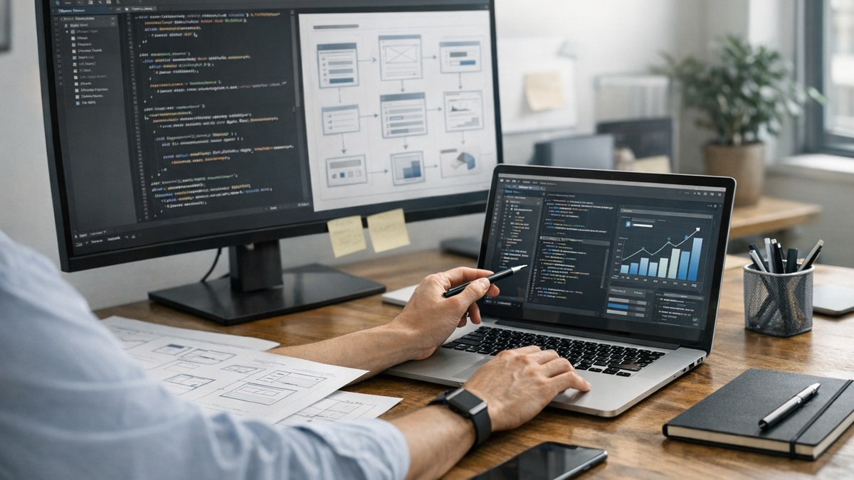 Illustration éditoriale sur développement logiciel sur mesure